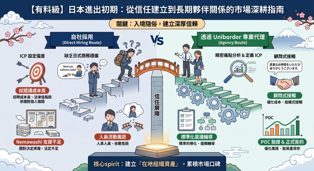 【有料級】日本進出初期：從信任建立到長期夥伴關係的市場深耕指南 營業代理 vs 自社採用 的執行路徑與風險差異